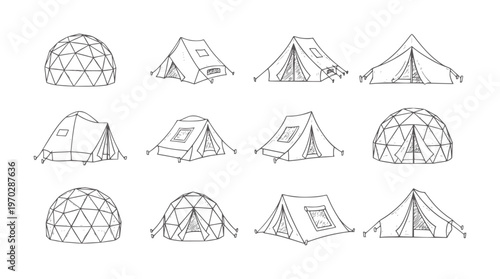 Handdrawn black and white of various tents and geodesic domes
