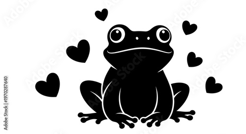 Cute Black Frog Silhouette Surrounded by Hearts.