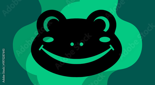 Cute Black Frog Face with Big Smile and Green Eyes.