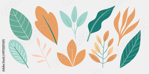 Eight appealing stylish leaves with intricate shapes in a contemporary color palette.
