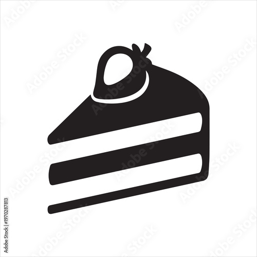 Hand drawn cake slice icon. Black and white cake with strawberry isolated vector illustration