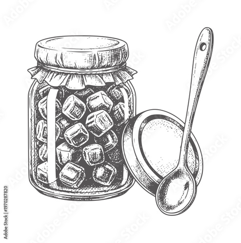 Jar of preserved fruit cubes with open lid and spoon food