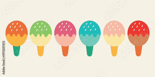 Six colorful ice cream pops with sprinkles lined up horizontally.