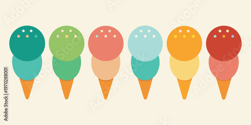 A delightful assortment of six double scoop ice cream cones in a row.