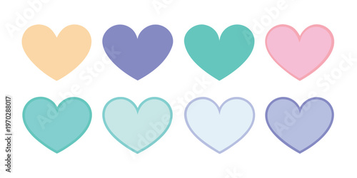 Eight gentle pastel hearts arranged beautifully on a plain white background.
