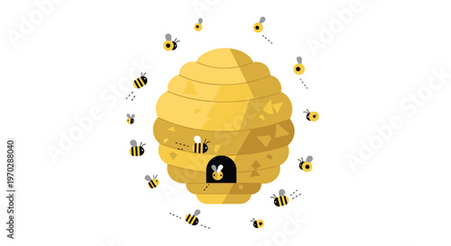 A large golden yellow beehive with geometric patterns sits surrounded by many small flying honeybees against a clean and minimalist white backgrounds.