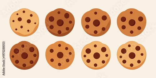 A tempting collection of eight delicious chocolate chip cookies in a neat row.