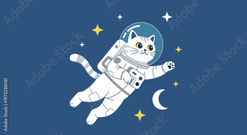Astronaut cat in space graphic illustration against dark blue background