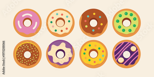 Eight brightly frosted donuts with various playful toppings in a neat line.