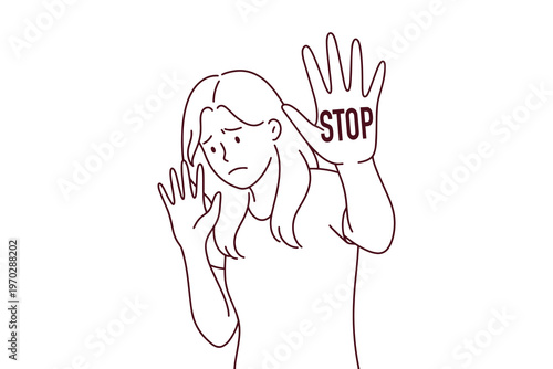 Black and white line art of a girl with a stop sign on her palm. Educational coloring page for social awareness, psychology therapy, or non-profit campaigns regarding domestic safety.