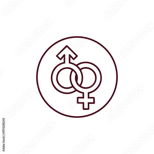Minimalist icon featuring intertwined male and female gender symbols within a circular border. Perfect for representing relationships, equality, gender identity, and human rights concepts.