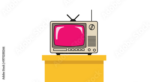 A retro cream colored television set featuring a vibrant hot pink glowing screen sits atop a solid yellow rectangular pedestal against a white surface.