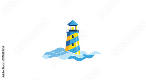 A stylized nautical lighthouse featuring vibrant yellow and blue diagonal stripes stands tall amidst rolling blue ocean waves against a white backdrop.