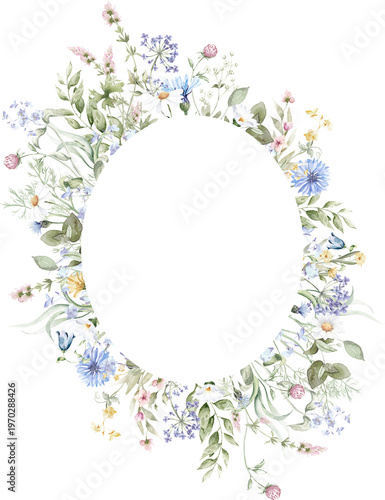 Wildflowers border, watercolor  illustration. Floral Background for  wedding invitation, card design. Mother's Day, Birthday, Valentine's day decoration. Pastel small flowers with delicate stems