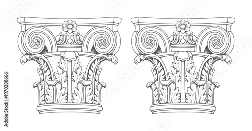 Two ornate Corinthian column capitals with floral and scroll details