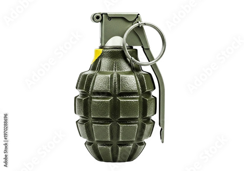 Green military grenade with metal pin and ring isolated on transparent background