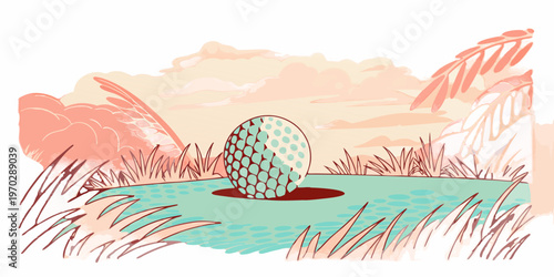 Flat line illustration of a golf ball on a green with a flagstick under a bright sun and clouds