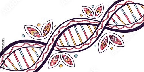 Flat line illustration of a stylized DNA double helix with colorful geometric patterns representing genetics and biotechnolog