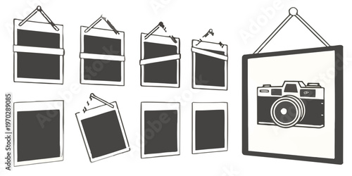  hanging photo frames and a vintage film camera icon in black and white