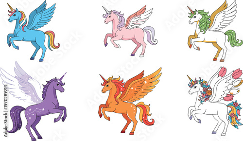 Vector set of colorful winged unicorns featuring magical mythical creatures with horns  a flat illustration style.