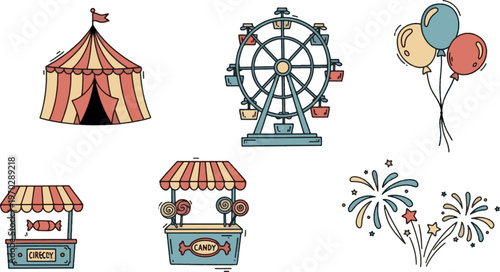 Amusement park and carnival icon set with circus tent, ferris wheel, colorful balloons, candy stalls and fireworks