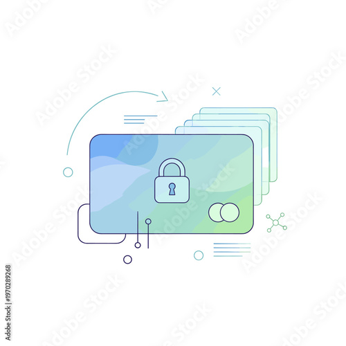 Secure digital payment transaction with a locked credit card and data flow illustration.