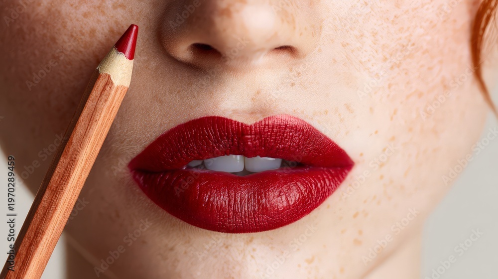 Naklejka premium Close-up of beauty with red lips and pencil.