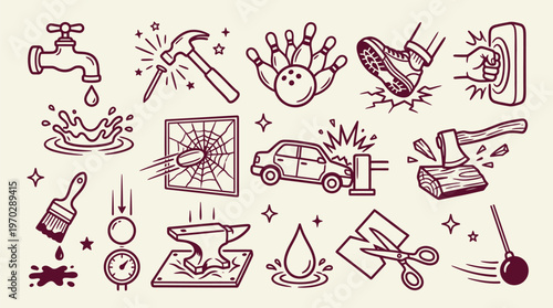 Red Icons of Broken Objects and Tools on Beige Background