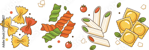 Vector set of colorful Italian pasta icons featuring farfalle fusilli penne and ravioli for culinary and restaurant menu design.