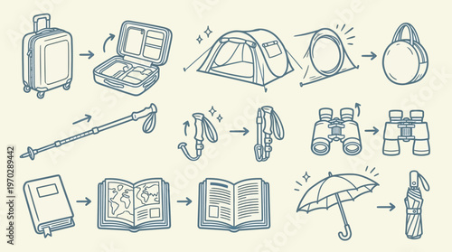 Travel Icons Set with Suitcase, Tent, Map and and Accessories