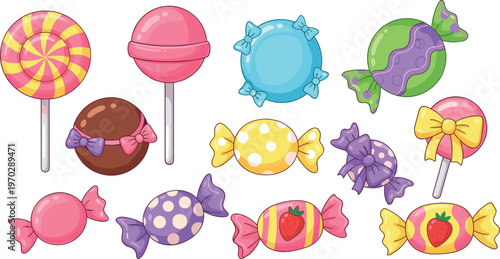 Colorful candy and lollipop vector set with sweet treats, wrapped candies, fruity flavors and cute dessert collection illustration isolated