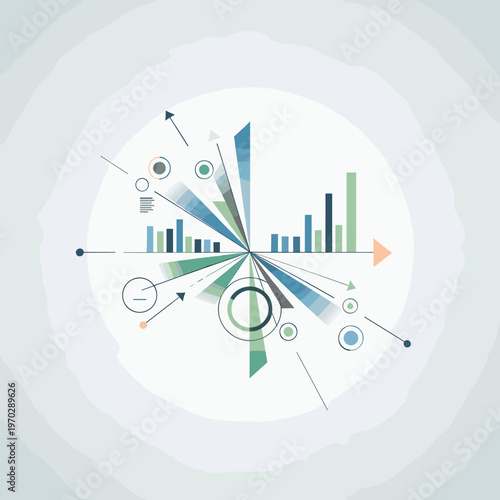 Abstract data visualization with radiating bar graphs, arrows, and circles representing analytics and information flow.