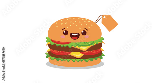 Cartoon burger illustration with smiling face and price tag against a white background