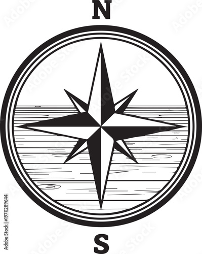 Premium Minimalist Compass Rose Navigation Symbol on Rustic Wooden Deck Surface – Perfect for Travel Apps, Wayfinding Signage, Outdoor Adventure Guides, Branding Logos, Geospatial Mapping