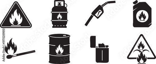 Hazardous materials and flammability icons a black and white collection