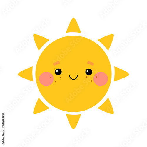 Cute smiling sun with round yellow face, simple eyes, freckles and rosy cheeks. Flat vector illustration.