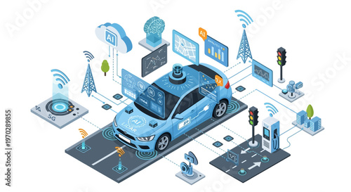 An advanced autonomous vehicle is depicted in a futuristic smart city environment, showcasing its integration with various smart technologies and infrastructure.