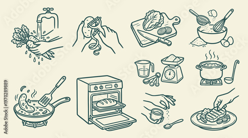 Cooking Icons Set with Kitchen Utensils and Appliances