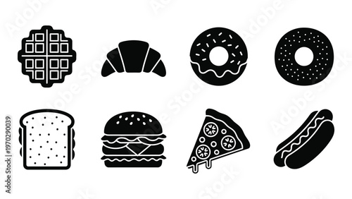 A collection of various bakery items and fast food including waffles croissants and burgers in silhouette high quality professional detailed modern