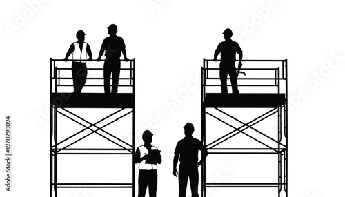 Silhouettes of construction workers standing on scaffolding and on the ground