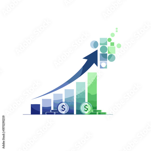 A stylized upward trending bar graph with an arrow indicating growth and coins at the base.