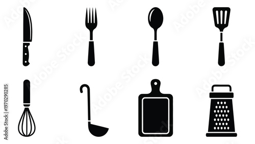 A collection of common kitchen utensils displayed in a stark black silhouette against a white background silhouette high quality professional detailed