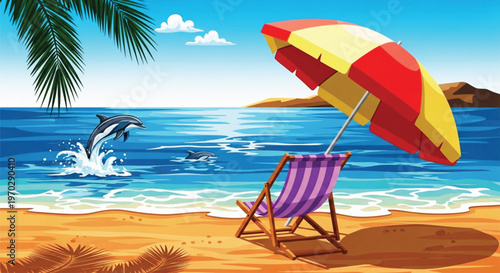 Dolphin jumping out of water at tropical beach with deck chair and umbrella in summer landscape vector art.