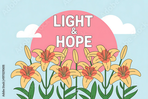 Easter flowers bloom under sunny sky with light and hope message