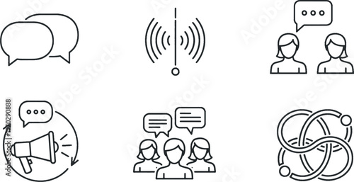 Set of communication line icons including social networking, chat bubbles, megaphone and team discussion symbols
