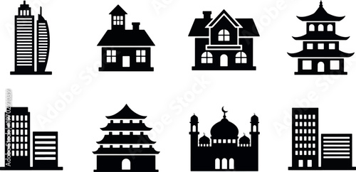 Set of black building icons and architectural landmarks silhouettes isolated on white background