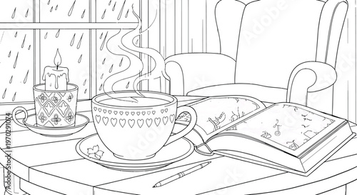 Cozy room interior coloring page with hot coffee cup open book and rainy window outline sketch.