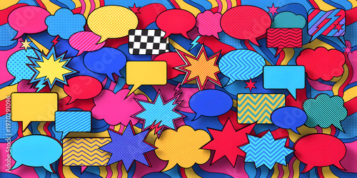 Colorful Pop Art Comic Speech Bubbles and Explosion Bursts Background for Dialogue and Expression