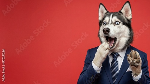 Funny Surprised Siberian Husky Businessman in Suit on Red Background Banner