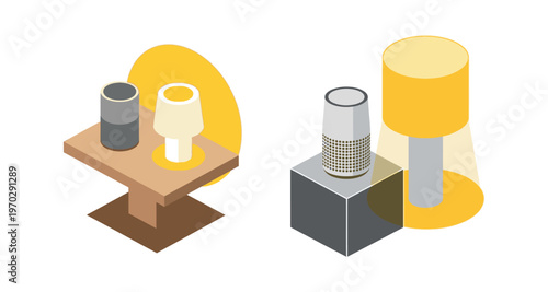 Isometric smart home voice assistant speaker and yellow table lamp on wooden desk.